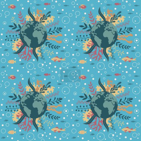 Illustration for The image is a repeating seamless pattern featuring the Earth surrounded by various sea plants and fish on a blue background. Bubbles and marine elements create a ocean themed design. - Royalty Free Image