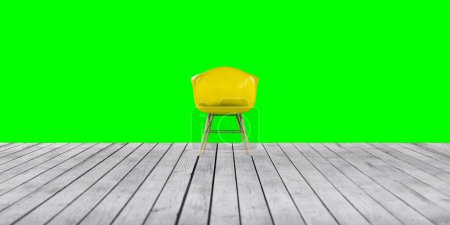 Foto de Silla amarilla sobre un viejo suelo o terraza de madera. diseño o fuente. Concepto de vacaciones. Fondo verde. renderizado 3d - Imagen libre de derechos