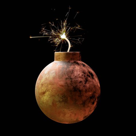 Foto de Una vieja bomba de hierro oxidada y redonda encendió y brilló aislada sobre un fondo negro. Hora de la explosión. Concepto o maqueta. 3d renderizar - Imagen libre de derechos