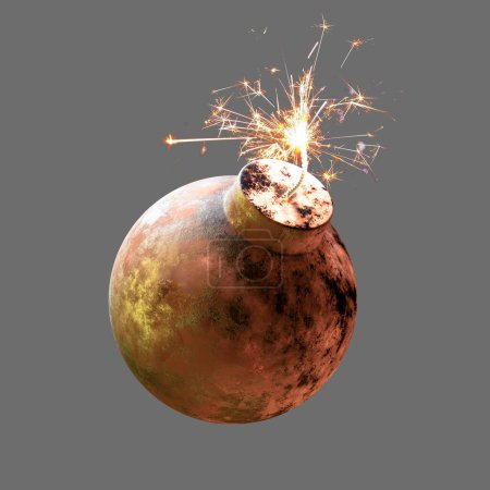 Old rusty round iron bomb ignited and sparkling isolated on grey background. Time to explosion. Concept or mock-up. 3d render