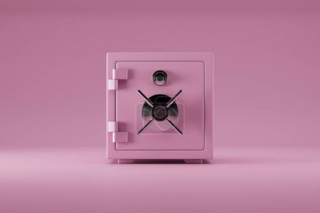 Geschlossener rosa Metalltresor isoliert auf rosa Hintergrund. Frontansicht. Clip-Art zur Bankensicherheit. 3D-Darstellung.