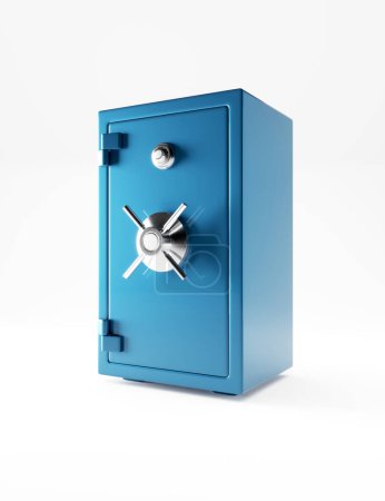 Große vertikale geschlossene blaue Metalltresor isoliert auf weißem Hintergrund. Waffensicher. Clip-Art zur Bankensicherheit. 3D-Darstellung.