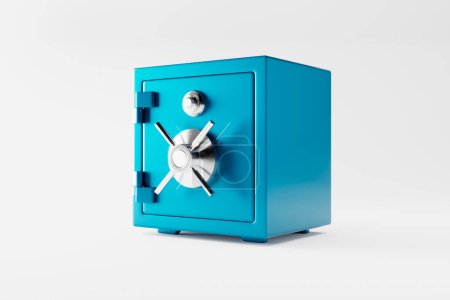 Geschlossener blauer Metallsafe isoliert auf weißem Hintergrund. Frontansicht. Clip-Art zur Bankensicherheit. 3D-Darstellung.