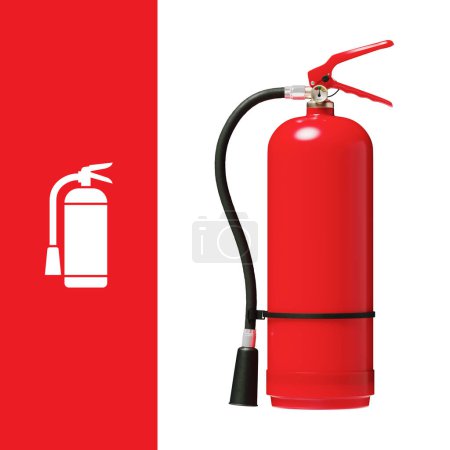 Photo for Red tall fire extinguisher with hose and pressure indicator and fire extinguisher sign sign isolated on white background. Banner or sign. 3d render - Royalty Free Image
