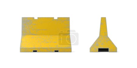 Foto de Escaneo de un bloque de hormigón envejecido amarillo aislado sobre un fondo blanco. Divisor de carreteras. Disposición. Renderizado 3D - Imagen libre de derechos