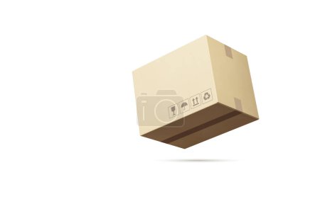 Téléchargez les photos : Boîte ou colis beige en carton recyclable avec des panneaux suspendus ou tombant sur une surface blanche. Modèle ou maquette. Rendu 3d - en image libre de droit
