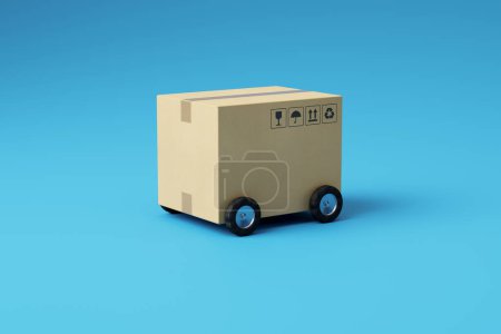 Foto de Buzón de cartón beige con ruedas aisladas sobre fondo azul. Concepto de entrega. 3d renderizar - Imagen libre de derechos