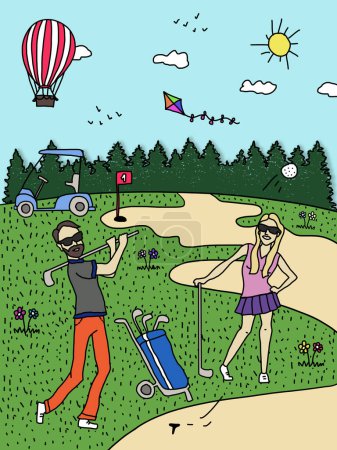 Téléchargez les photos : Couple jouant au golf, Art naïf, Illustration dessinée à la main, Couple Buts, Un homme et une femme jouant au golf, Line Art - en image libre de droit