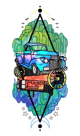 Téléchargez les photos : Farm Tractor Truck Weeping Willow Tree, Watercolor Tattoo Hand Drawn Illustration - en image libre de droit