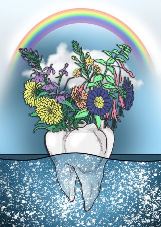 Foto de Hermosos dientes coloridos con flores, Ilustración de lona dibujada a mano dental, Decoración del dentista - Imagen libre de derechos