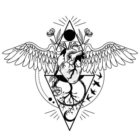 Line Art Winged Heart with Flowers Tattoo Geometric Illustration, Black and White Organ Heart with Wings Drawing, Minimal line art tattoo