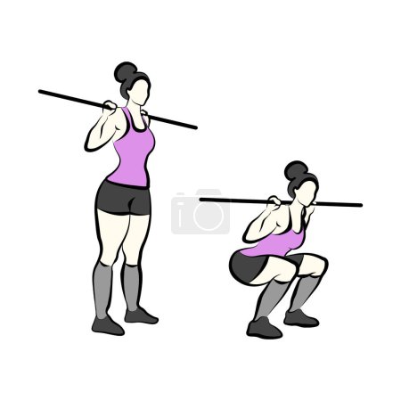 Photo for Curvy Fit Girl doing Barbell Squats Exercise, Glutes and Legs Gym Workout, Lipedema and Lymphedema Training Line Art Illustration - Royalty Free Image