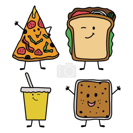 Ensemble drôle Fast Food et boissons personnages, pizza, smoothie, sandwich, pain grillé Illustration colorée 