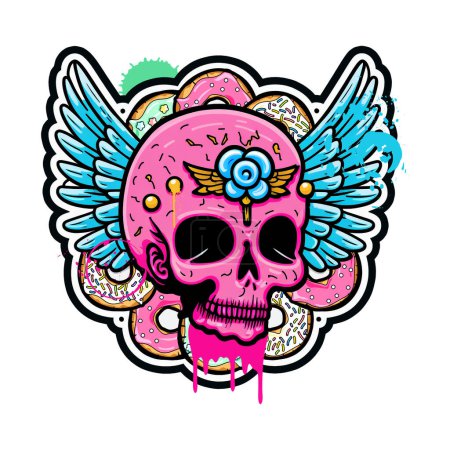 An Isolated Cool Winged Sugar Skull with Colorful Donuts, Sweet Candy Dessert Sticker Street Style Tattoo Illustration