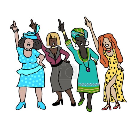 Fun Group of Menopause Middle Age Woman Dancing Cartoon Style, Hand Drawn Line Art Colorful Illustration