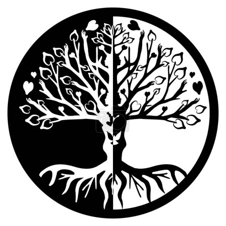 Árbol de Yin-Yang blanco y negro de la silueta del bienestar de la vida, hojas de la forma del corazón, árbol del tronco de las formas interconectadas humanas, ilustración del balneario de Yinyang Zen