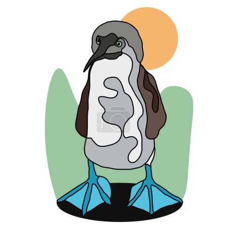 Oiseau botté bleu drôle mignon, Oiseau exotique des Galapagos, Art de ligne coloré animal sauvage, Illustration de faune dessinée à la main