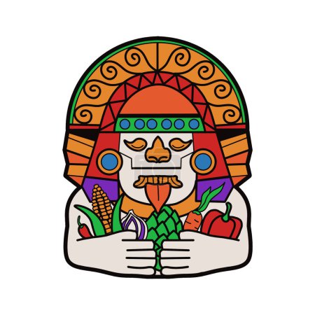 Inca Peruvian Totem with Traditional Food, Colorful Face Peru Statue, Native Peruvian Culture, Aztec and Maya Sculpture Edibles, Colorful Illustration