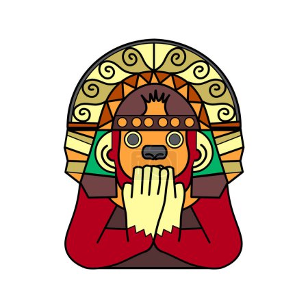Aztec Monkey Totem Icon, Silence Monkey Face, Tribal Native Animal Sculpture Character,  Ancient Ethnic Mayan Colorful Symbol Illustration