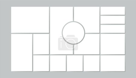 Ilustración de Rejilla de Moodboard. Mosaico foto collage diseño abstracto minimalista fotografía en blanco álbum página maqueta. Ilustración vectorial. - Imagen libre de derechos