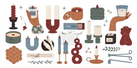 Illustration for Cartoon candles. Wax soy candlelight elements, abstract decorative homemade candle jar snuffer candlestick. Vector set. - Royalty Free Image