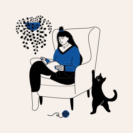 Cartoon woman reading book. Doodle minimalist female character and cat relax at home. Vector isolated illustration.
