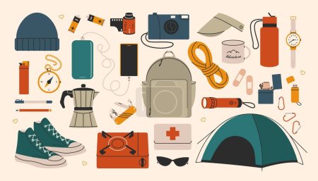 Ilustración de Travel equipment. Tourist adventure carry stuff, cartoon explorer supplies and camping essentials. Vector flat set. - Imagen libre de derechos