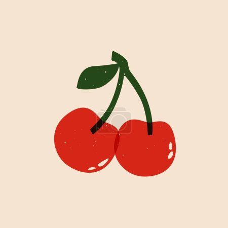 Illustration for Cherry risograph sketch. Abstract natural ripe cherry berry, cartoon merry sign linocut print effect. Vector illustration. - Royalty Free Image