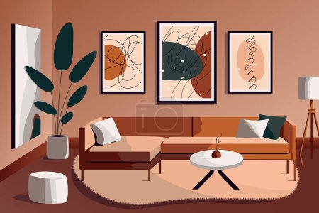 Salon design intérieur. Dessin animé espace confortable avec des affiches, canapé, table basse, plantes maison dans le style Japandi. Illustration vectorielle plate moderne.
