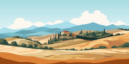 Landscape view of Tuscany hills. Italian countryside panorama with olive trees, old farmhouses and cypress. Rural panoramic scenery landscape. Vector illustration.