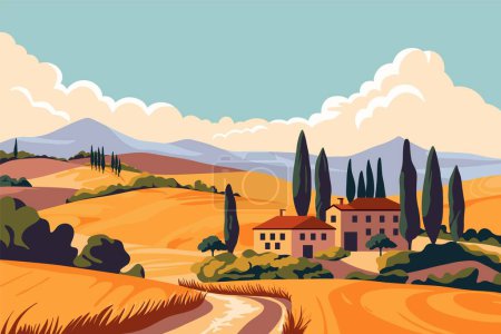 Campos italianos paisaje. Paisaje de dibujos animados con colinas y casas de pueblo en Toscana, valle rural con árboles y montañas. Ilustración vectorial.