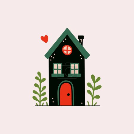 Pequeña casa de dibujos animados bosque. Linda casa de campo con chimenea y forma de corazón de humo, piso de un piso edificio rural con puerta y ventana. Ilustración vectorial.