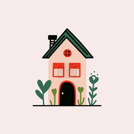 Dibujos animados pequeña casa rural. Linda casa de campo de bosque de hadas con chimenea y jardín, piso de un piso exterior edificio de campo. Ilustración plana aislada vectorial.