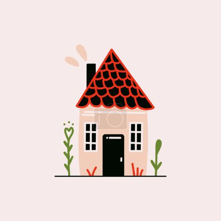 Bonita casa pequeña plana. Bosque tradicional de dibujos animados casa de campo de una planta con chimenea, pequeño edificio rural con césped y árboles. Ilustración aislada vectorial.