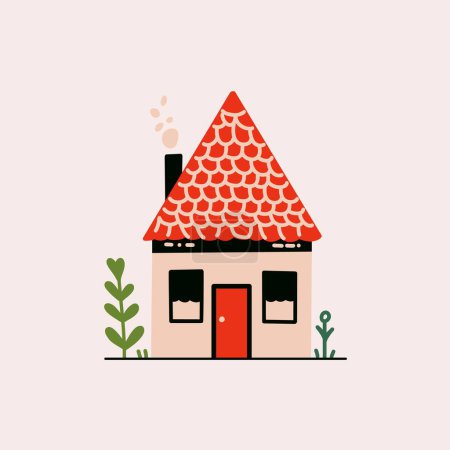 Pequeña casa de hadas de dibujos animados. Linda pequeña casa de campo con chimenea y humo, dibujado a mano edificio de la casa del pueblo rural. Ilustración plana del vector.