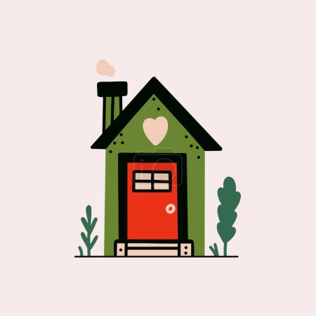 Pequeña casa rural. Dibujos animados linda casa de hadas con chimenea y humo, dibujado a mano un piso exterior de la casa de campo. Ilustración plana del vector.