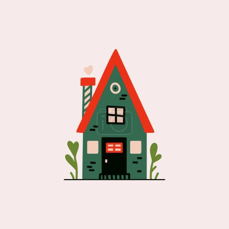 Pequeña casa de dibujos animados. Linda pequeña casa de campo con chimenea, gráfico dibujado a mano de la finca rural con jardín. Ilustración aislada vectorial.