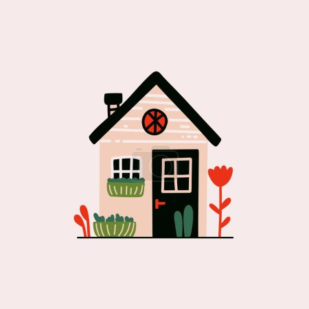 Bonita casita. Dibujos animados casa de campo de una planta con chimenea y jardín, edificio rural tradicional con árboles. Ilustración plana aislada vectorial.