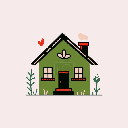 Bonita casita. Casa de campo de dibujos animados con chimenea, edificio forestal rural tradicional con pequeña fachada y jardín. Vector país casa ilustración.