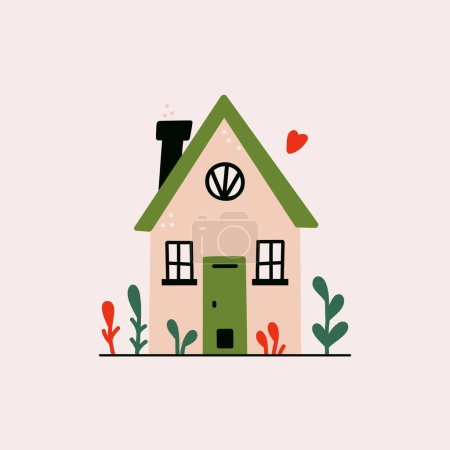 Bonita casa pequeña plana. Dibujos animados casa de una planta con chimenea, casa de la cabaña del bosque con jardín y césped. Ilustración del edificio rural aislado vectorial.