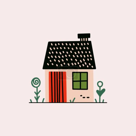 Lindo dibujo de casa pequeña. Edificio de casa de dibujos animados con chimenea, casa de hadas tradicional infantil con árboles. Ilustración aislada vectorial.