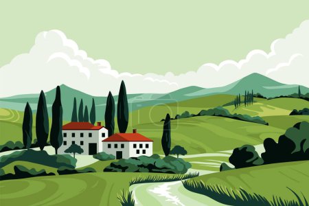 Campos de verano italiano paisaje. Paisaje de dibujos animados con colinas y casas de pueblo en Toscana, valle rural con árboles y montañas. Ilustración vectorial.
