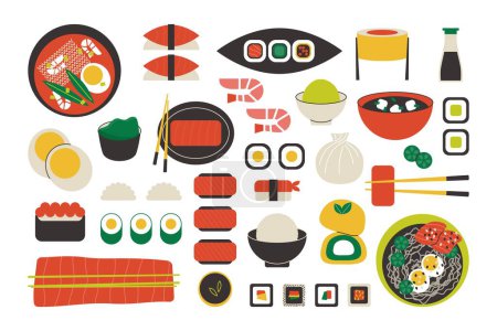 Conjunto de iconos de comida asiática. Cocina china tailandesa coreana japonesa mínima, sushi camarones sashimi salmón arroz ramen tom yum sopa. Colección moderna vector plano.
