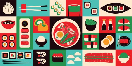 Banner de comida asiática. Mínima geométrica japonesa tailandesa tailandesa cocina china, sushi camarones sashimi salmón arroz ramen tom yum sopa. Fondo de vector plano.