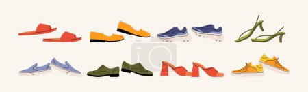 Summer spring footwear. Cartoon women shoes flat style, modern fashionable sandals, classic shoes, trainers, sneakers. Vector isolated set.