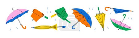 Paraguas abiertos, cerrados y plegados. Accesorio de protección climática lluviosa de dibujos animados, varios tipos de protector solar de palo textil estilo garabato plano. Conjunto de vectores.