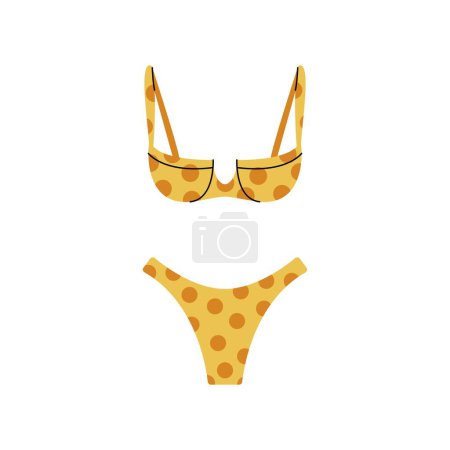 Woman swimsuit. Fashionable female swimwear in contemporary elegant style, colorful beachwear for summer vacation, retro and modern swimwear. Vector flat illustration.