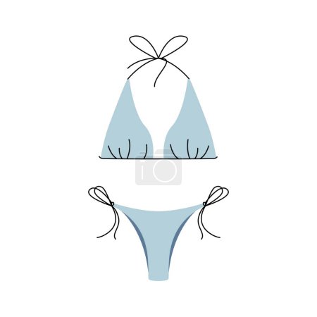 Stylish woman bikini swimsuit. Fashionable female swimwear, colorful flat bikini top and panties with ties for summer vacation. Vector illustration.