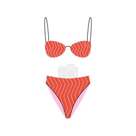 Stylish woman swimsuit. Fashionable female swimwear with geometric pattern, colorful flat bikini top and thongs bottom. Vector illustration.