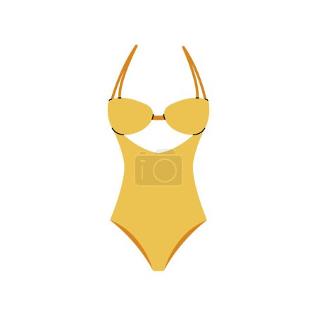 Woman summer beach outfit. Stylish female one-piece swimsuit retro style, fashionable feminine swimwear, doodle swimming suit for holiday vacation. Vector flat illustration.